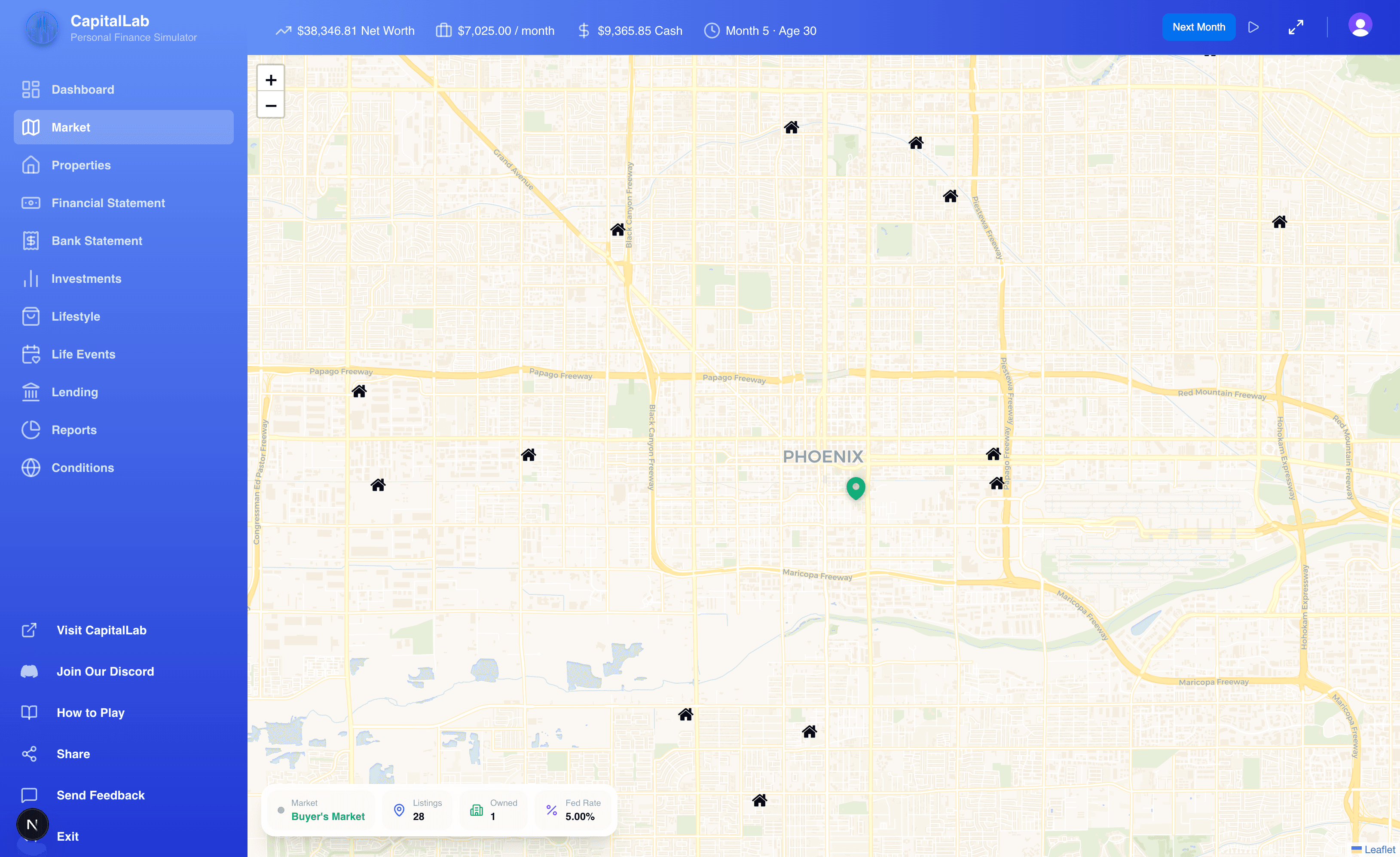 Interactive real estate market map with property listings across Phoenix